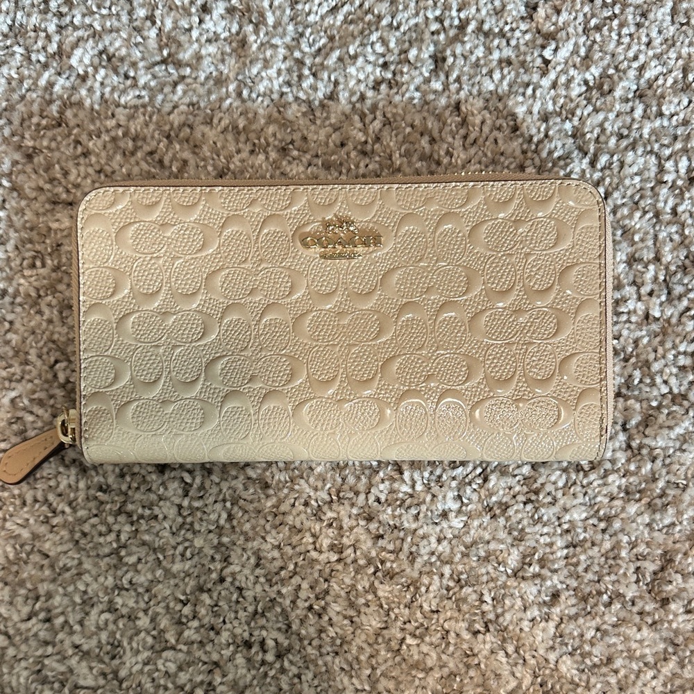 Coach Cream Signature Embossed Zip Around Wallet with Gold Logo